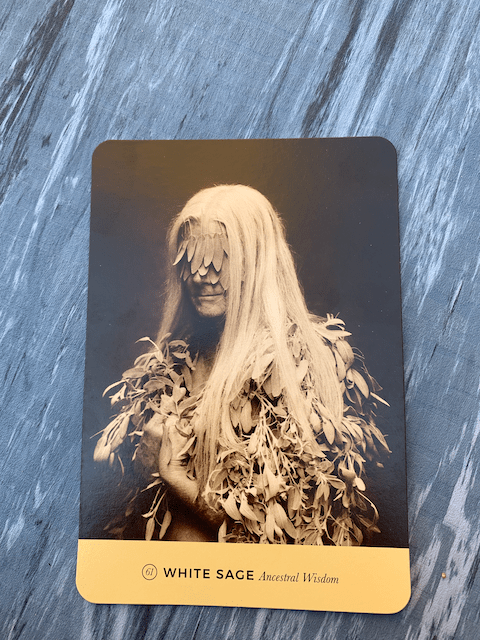 an oracle card showing an old woman, with sage leaves over her eyes and draped over her body